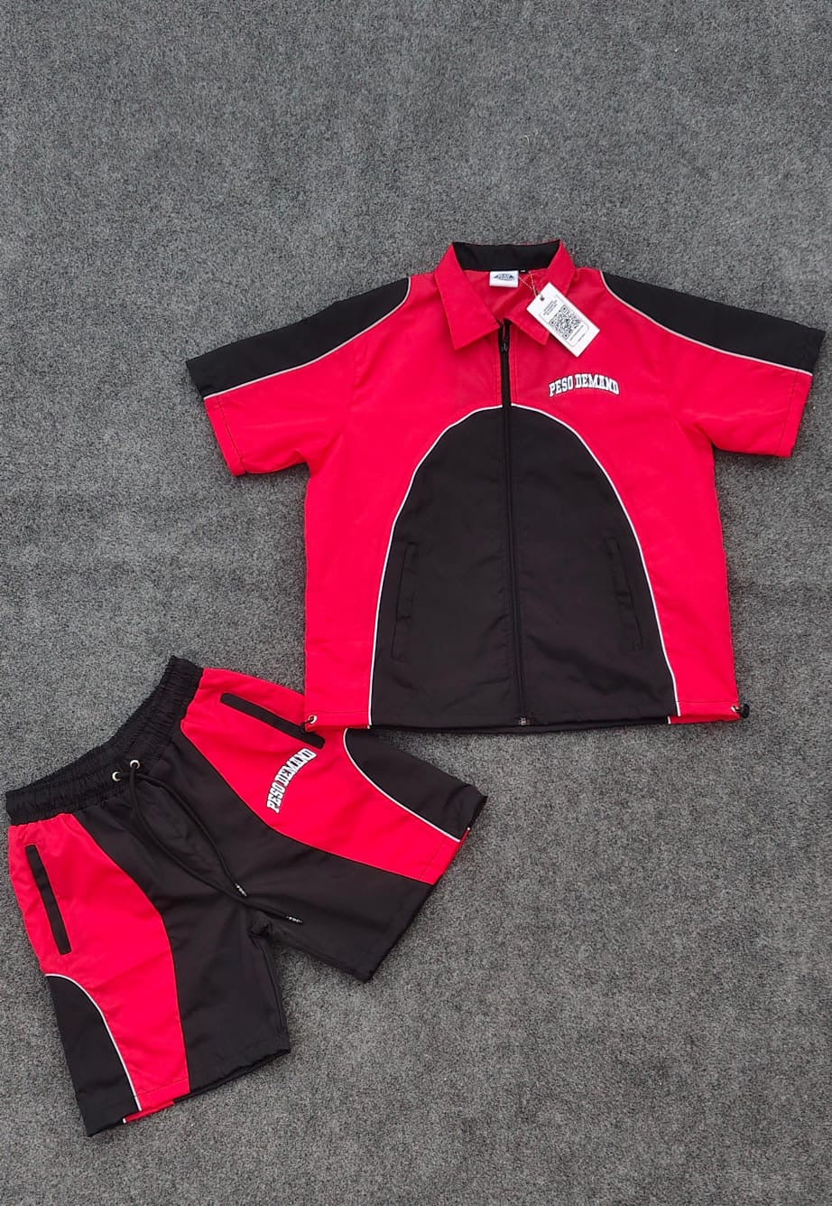 Red & Black Nylon Zip Up/Shorts Set