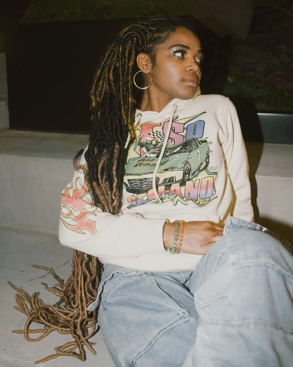 Cream Tri-Color Flame Racing Hoodie